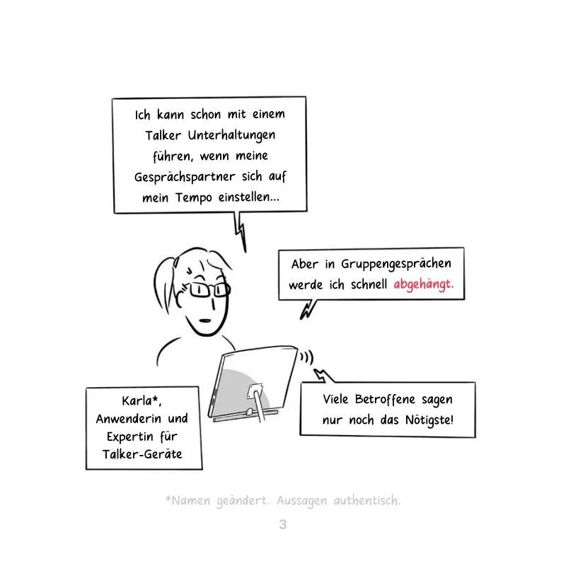 Comic page: Karla describes being left behind in group conversations