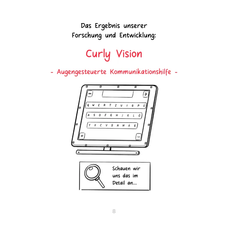 Das Curly-Vision-Gerät mit Bildschirmtastatur, darunter eine Lupe