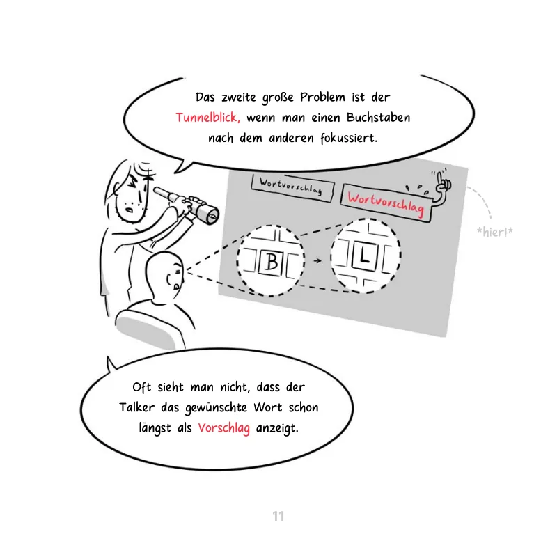 Eine Person blickt durch ein Fernrohr auf einzelne Buchstaben und übersieht den Wortvorschlag daneben