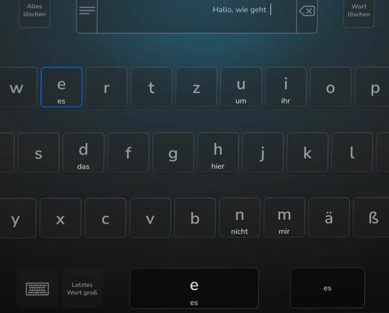 On-screen keyboard with word prediction, a sentence being written by gaze