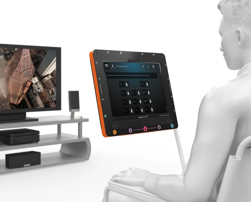 A person operating the living-room television through Curly Vision One