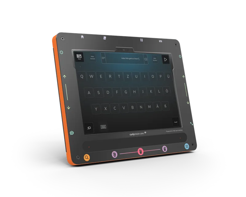 Curly Vision One with Tobii eye tracker and the on-screen keyboard open