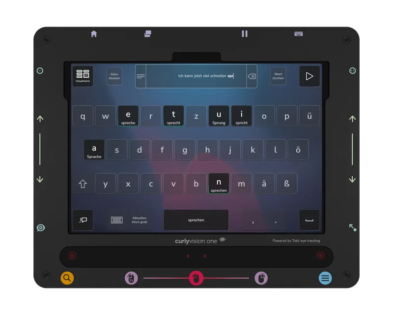 Curly Vision from the front: an on-screen keyboard with word prediction, the text field reads “Ich kann jetzt viel schneller”